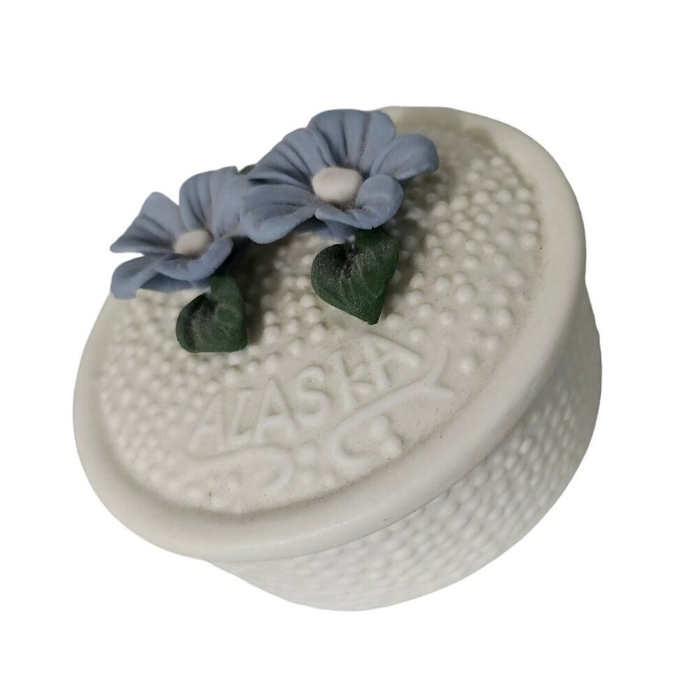 Arctic Kids of Alaska Blue Flower Trinket Dish Jar with Lid Ceramic Souvenir